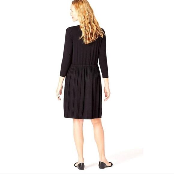 NWT J. Jill Black Pleated Drawstring-Waist Knit Dress 3/4 Sleeve Stretch Knit - Picture 2 of 14